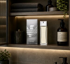 Bottle of Diamonds for Men by Emporio Armani in a bathroom cabinet next to the box
