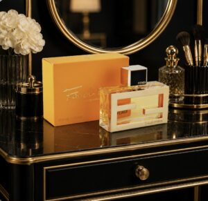 Bottle of Fendi Fan di Fendi perfume on a dressing table