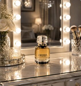 Bottle of Givenchy L'Interdit eau de toilette perfume 35ML on dressing table