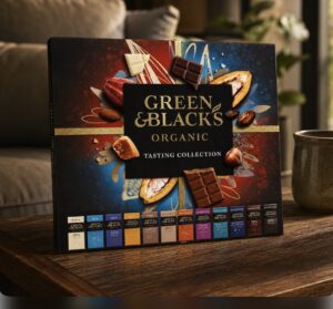 Green and blacks chocolates on a coffee table