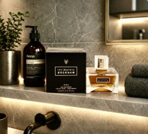 A bottle of Intimately Beckham aftershave by David Beckham on a bathroom shelf with the box