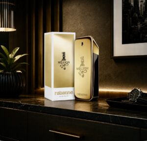 A bottle of Million aftershave by Paco Rabanne with the box on a gent's dressing table