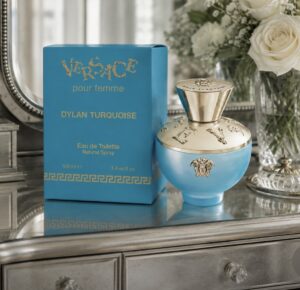 Bottle of Versace dylan turquoise perfume on a dressing table