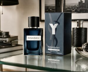 A bottle of aftershave by Yves Saint Laurent with the box called Y on a gents dresser