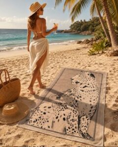 Woman on the beach standing next to her Roberto Cavalli leopard design luxury beach towel