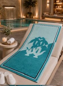 A Roberto Cavalli Mirror Snake beach towel on a chair in a spa